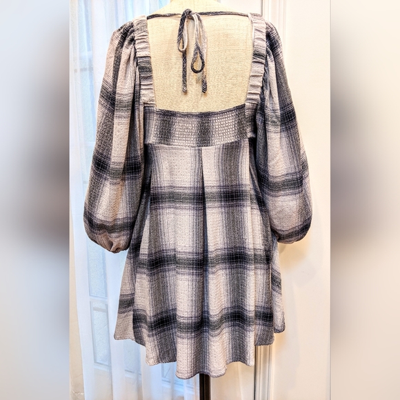 Urban Outfitters M navy plaid Juliette tunic mini top balloon sleeves sexy cute - Picture 2 of 8